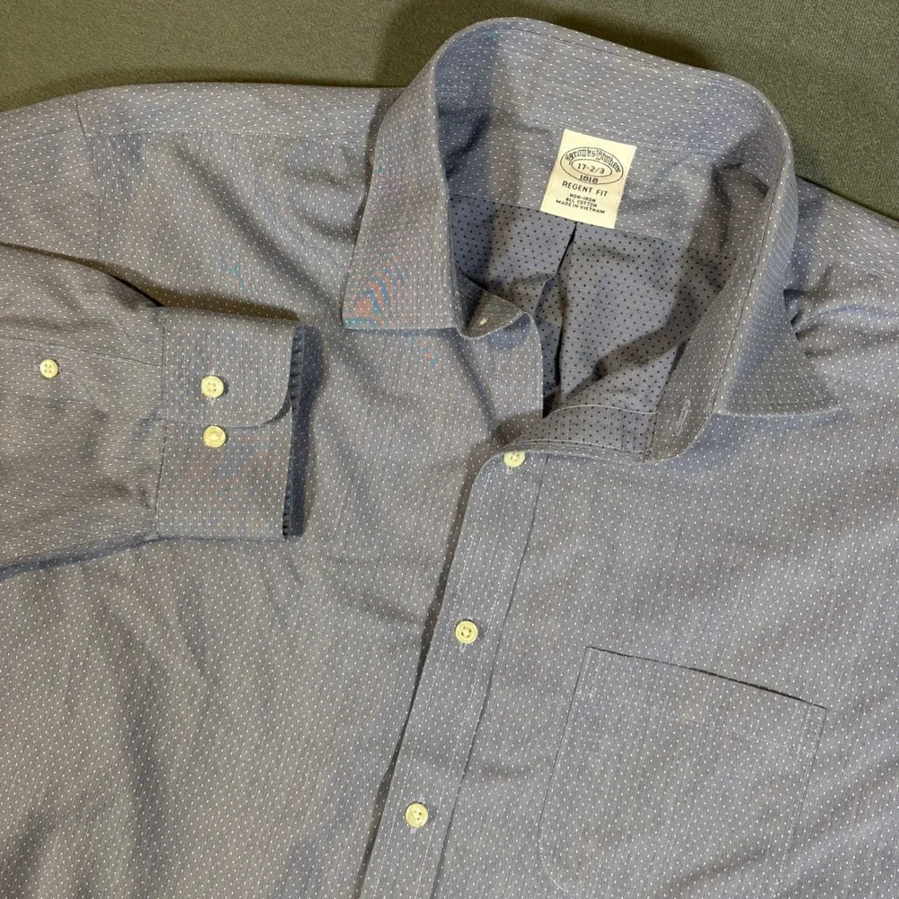 Brooks Brothers Regent Fit Button Down 17 2/3 Blue w/ White Polka Dots Button Up